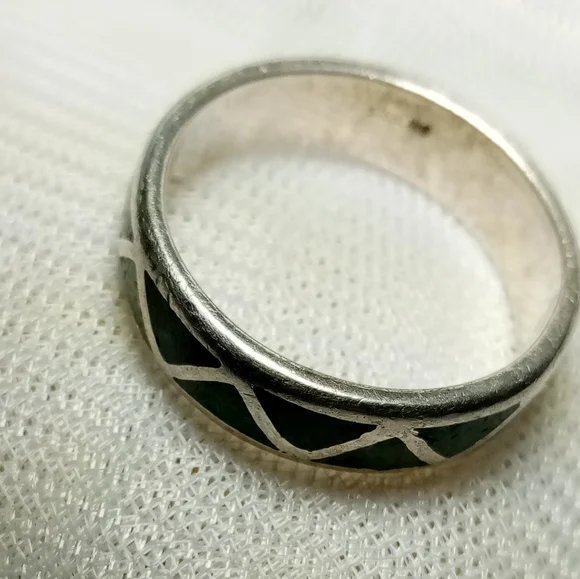 Malachite Gemstone Inlay Sterling Silver Unisex Band Sz 11 - Picture 7 of 9